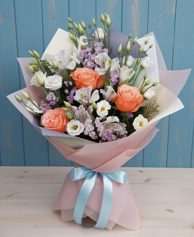 Букет цветов из: Лизиантусы, Розы, Альстромерии и Гипсофила в Ликино-Дулево