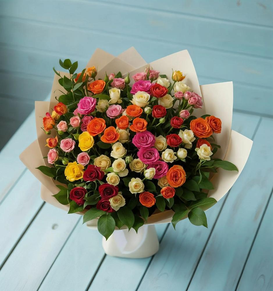 Букет Микс из разноцветных кустовых роз в Ликино-Дулево